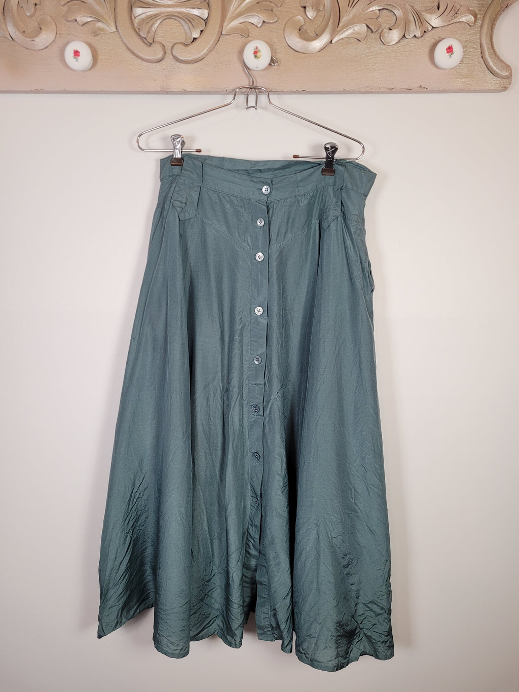 Teal Blue Silk Button Up Maxi Skirt