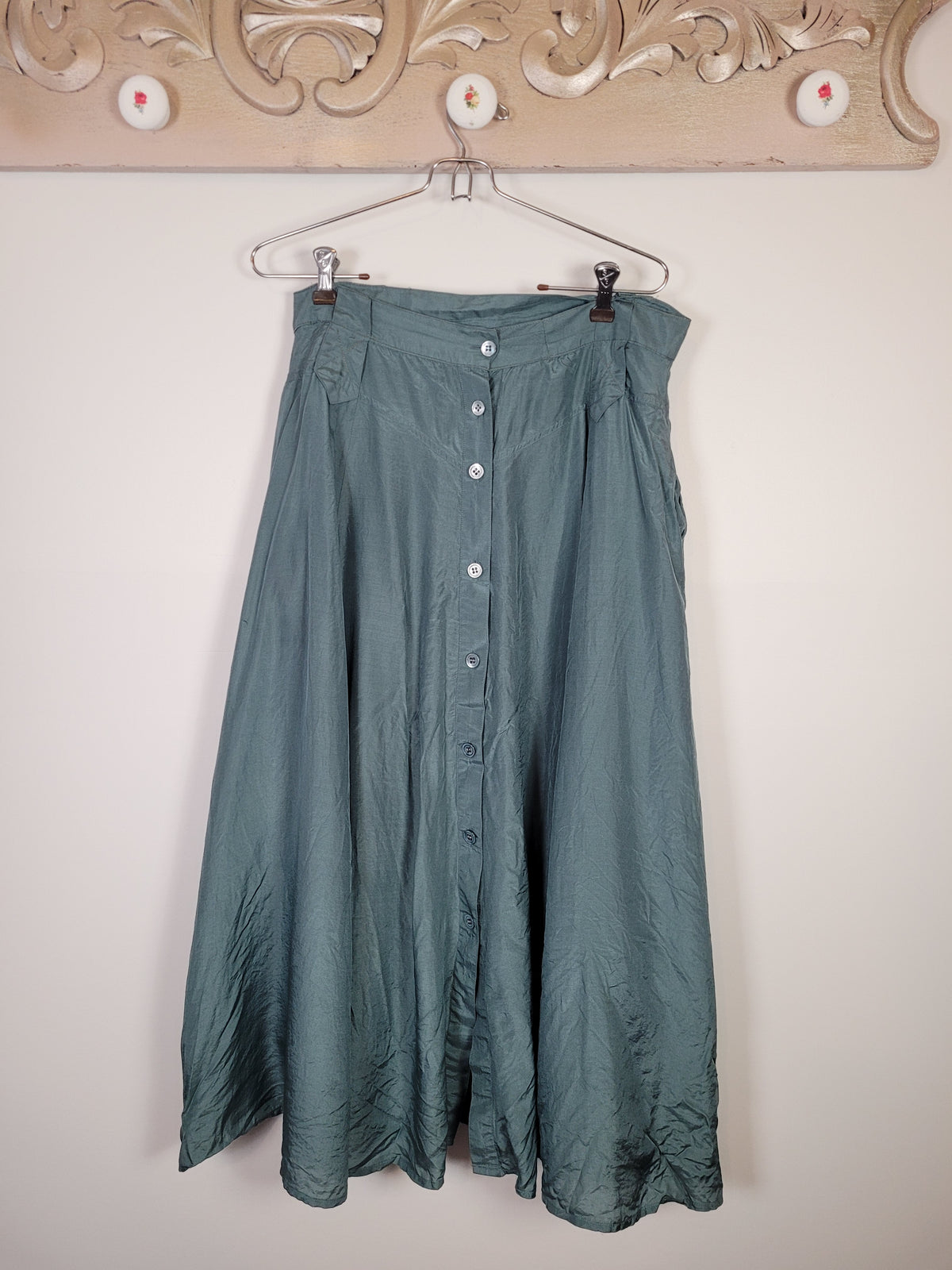 Teal Blue Silk Button Up Maxi Skirt